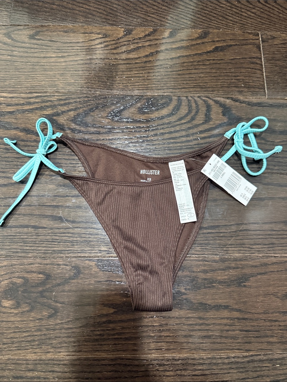 Hollister Brown Ribbed Bikini Bottom with Aqua Tie Sides